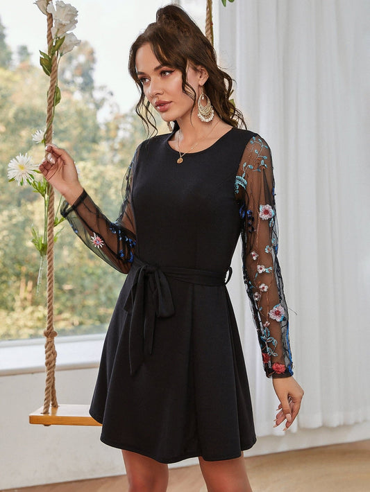 Round Neck Floral Embroidered Mesh Sleeve Belted Dress