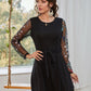 Round Neck Floral Embroidered Mesh Sleeve Belted Dress