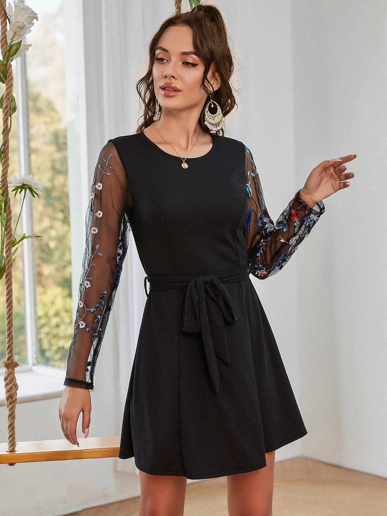 Round Neck Floral Embroidered Mesh Sleeve Belted Dress