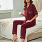 Burgundy Letter Embroidery Contrast Binding Pyjama Sleepwear Set
