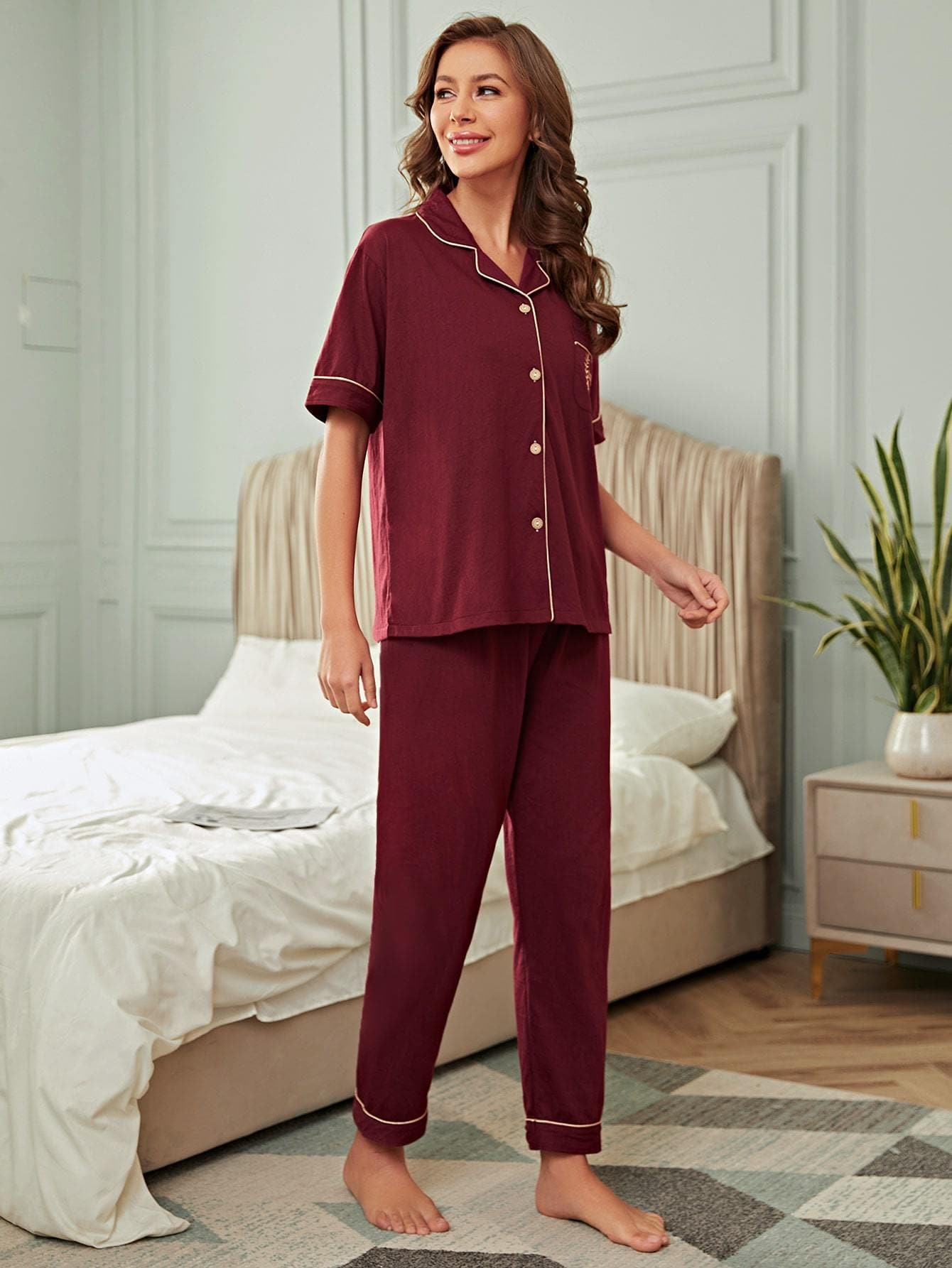 Burgundy Letter Embroidery Contrast Binding Pyjama Sleepwear Set