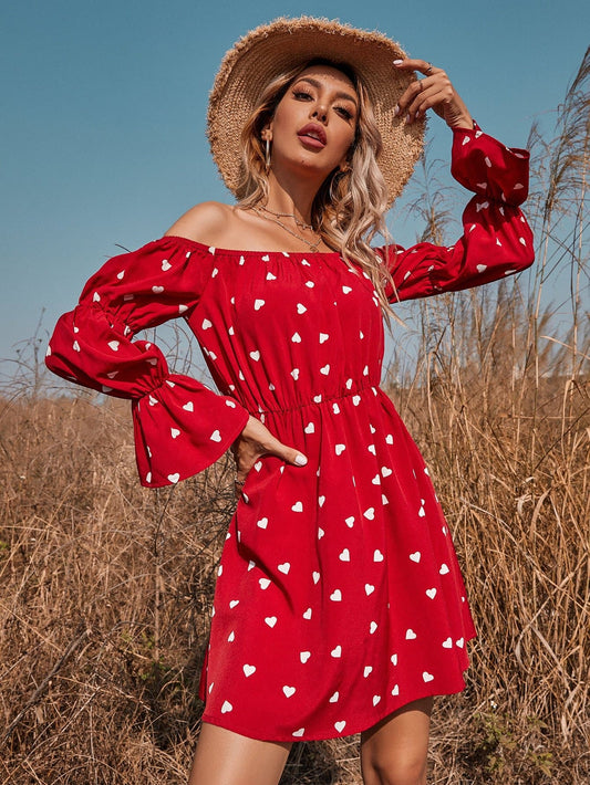 Heart Print Off Shoulder Flounce Sleeve A-line High Waist Dress