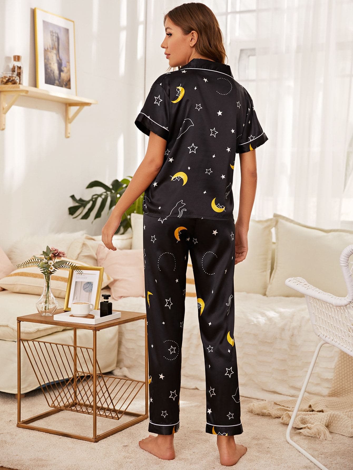 Satin Cartoon And Star Print Button Front Night Sleepwear Set