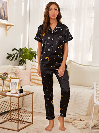 Satin Cartoon And Star Print Button Front Night Sleepwear Set