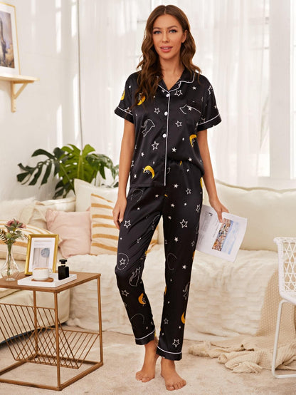 Satin Cartoon And Star Print Button Front Night Sleepwear Set