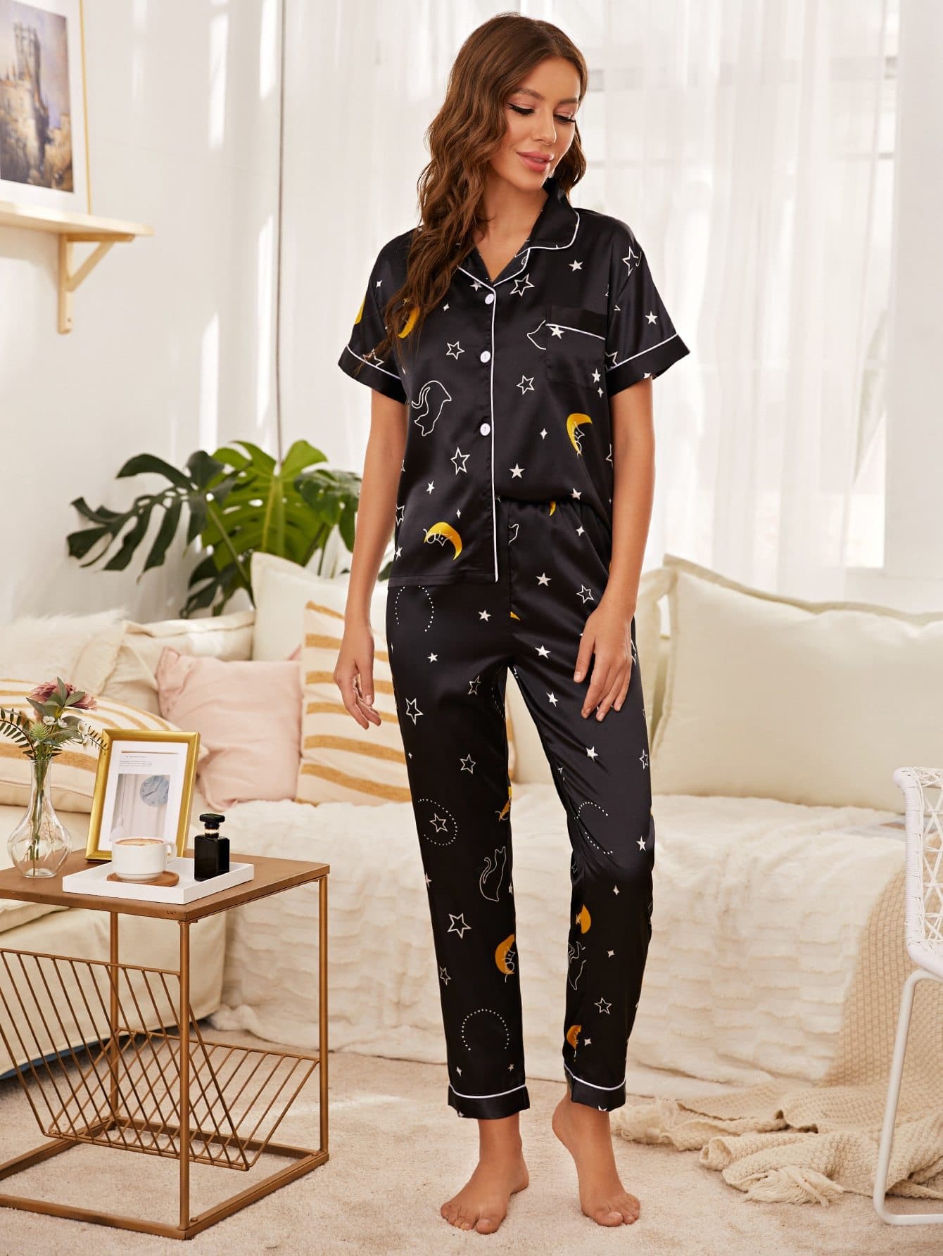 Satin Cartoon And Star Print Button Front Night Sleepwear Set