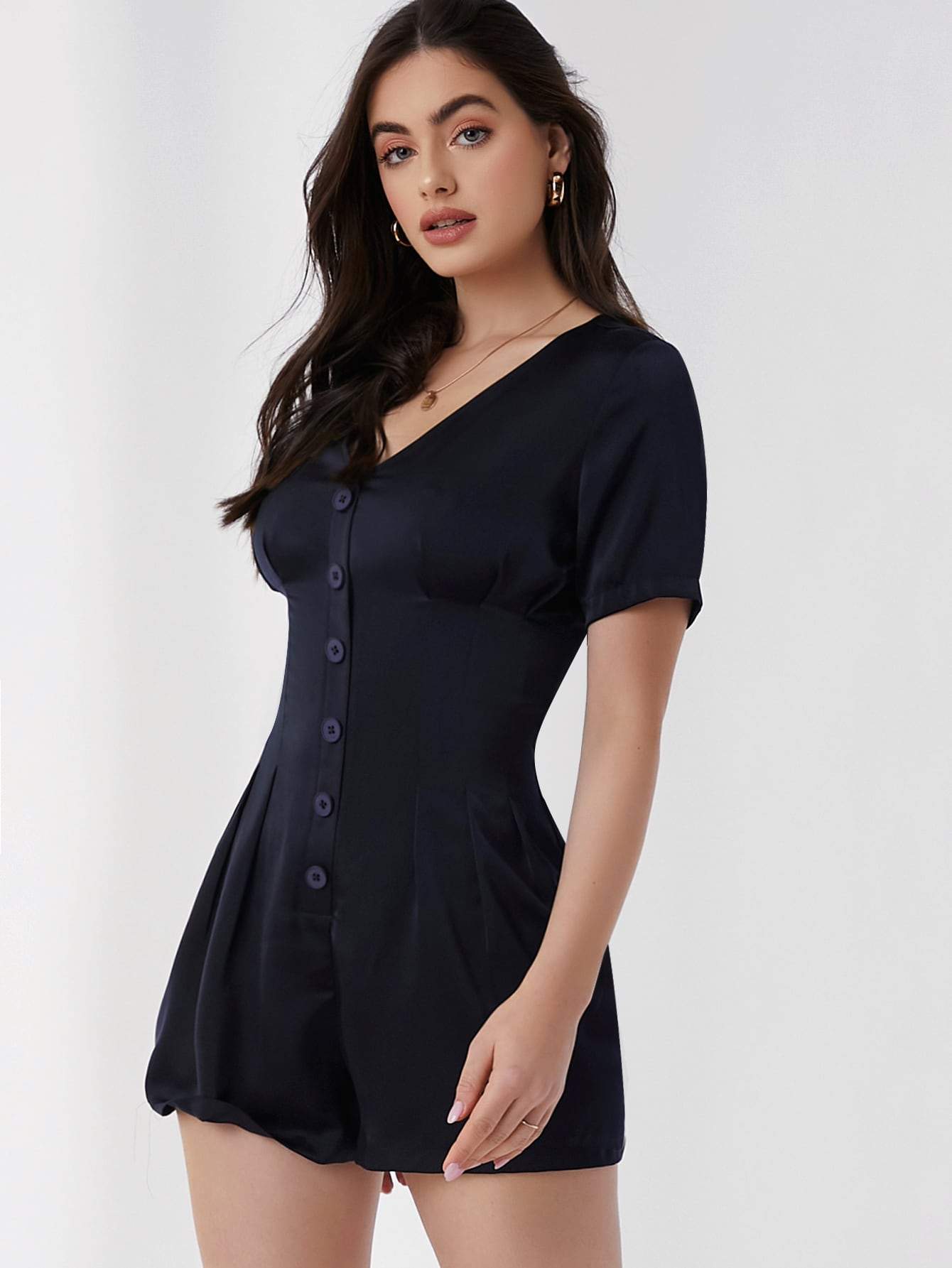 V-neck Short Sleeve Button Front Romper