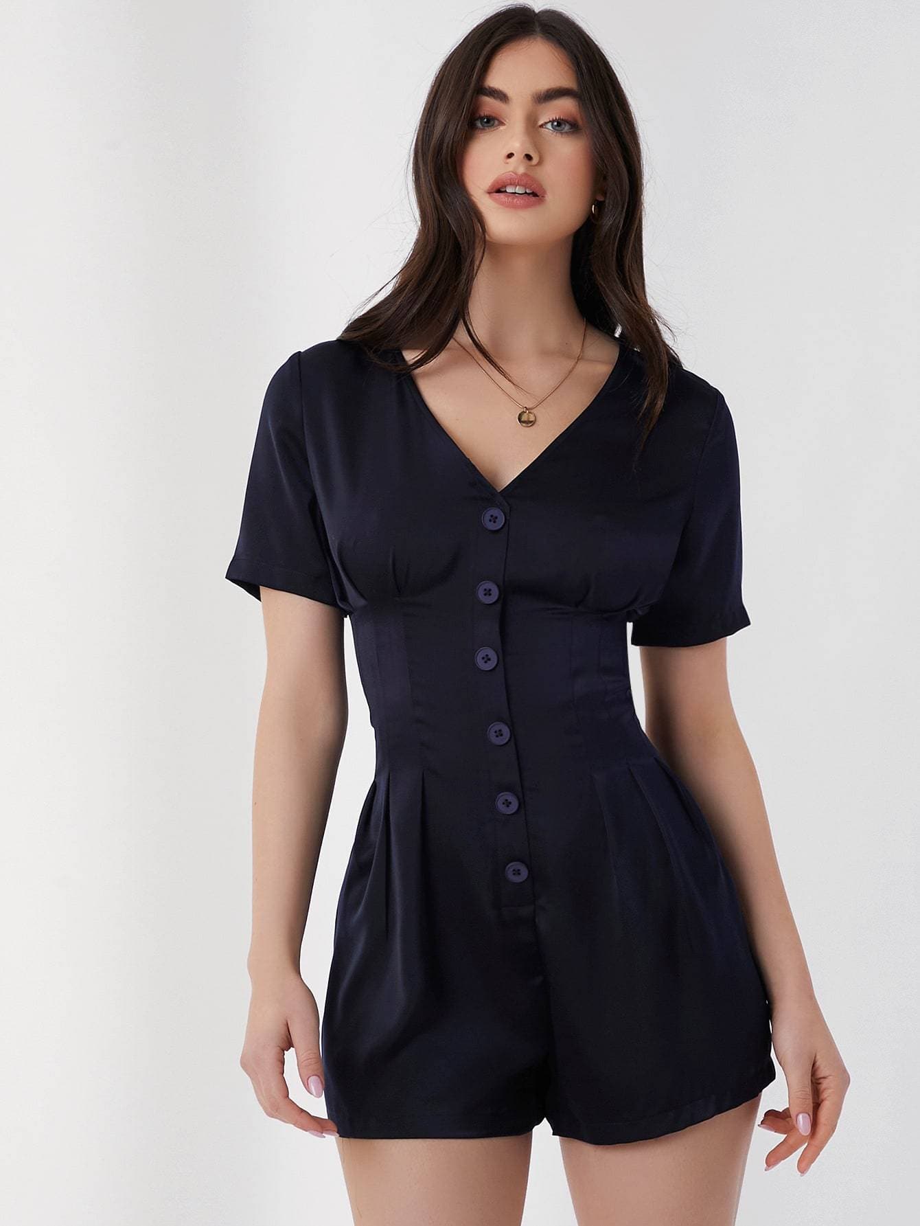 V-neck Short Sleeve Button Front Romper