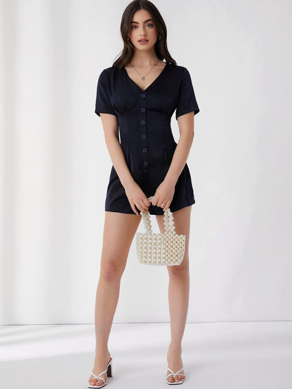 V-neck Short Sleeve Button Front Romper