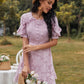 Round Neck Solid Ruffle Trim Button Front High Waist Dress