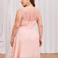 Plus Baby Pink Round Neck Chiffon Contrast Embroidery Mesh Prom Dress