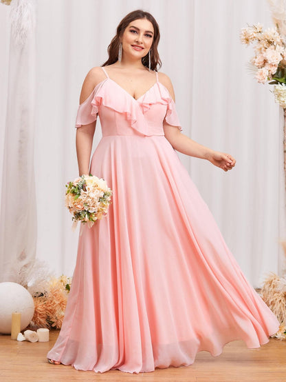 Plus Baby Pink Chiffon Cold Shoulder Ruffle Trim Maxi Prom Dress