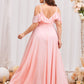 Plus Baby Pink Chiffon Cold Shoulder Ruffle Trim Maxi Prom Dress