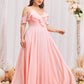Plus Baby Pink Chiffon Cold Shoulder Ruffle Trim Maxi Prom Dress