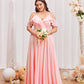 Plus Baby Pink Chiffon Cold Shoulder Ruffle Trim Maxi Prom Dress