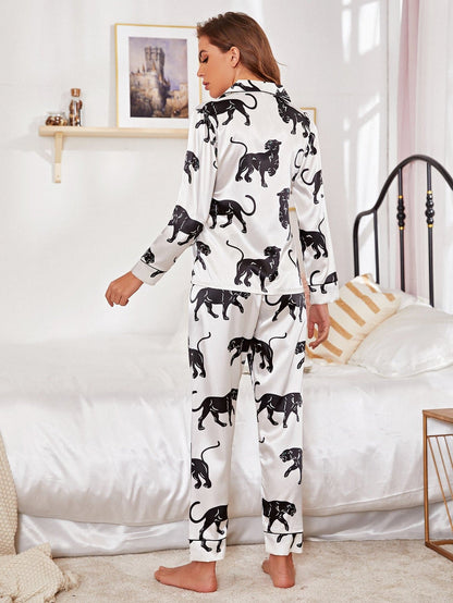 Animal Print Button Up Top and Pants Satin Night Sleepwear Set