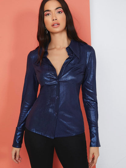 Single Breasted Patch Pocket Metallic Slim Fit Shirt Blouse