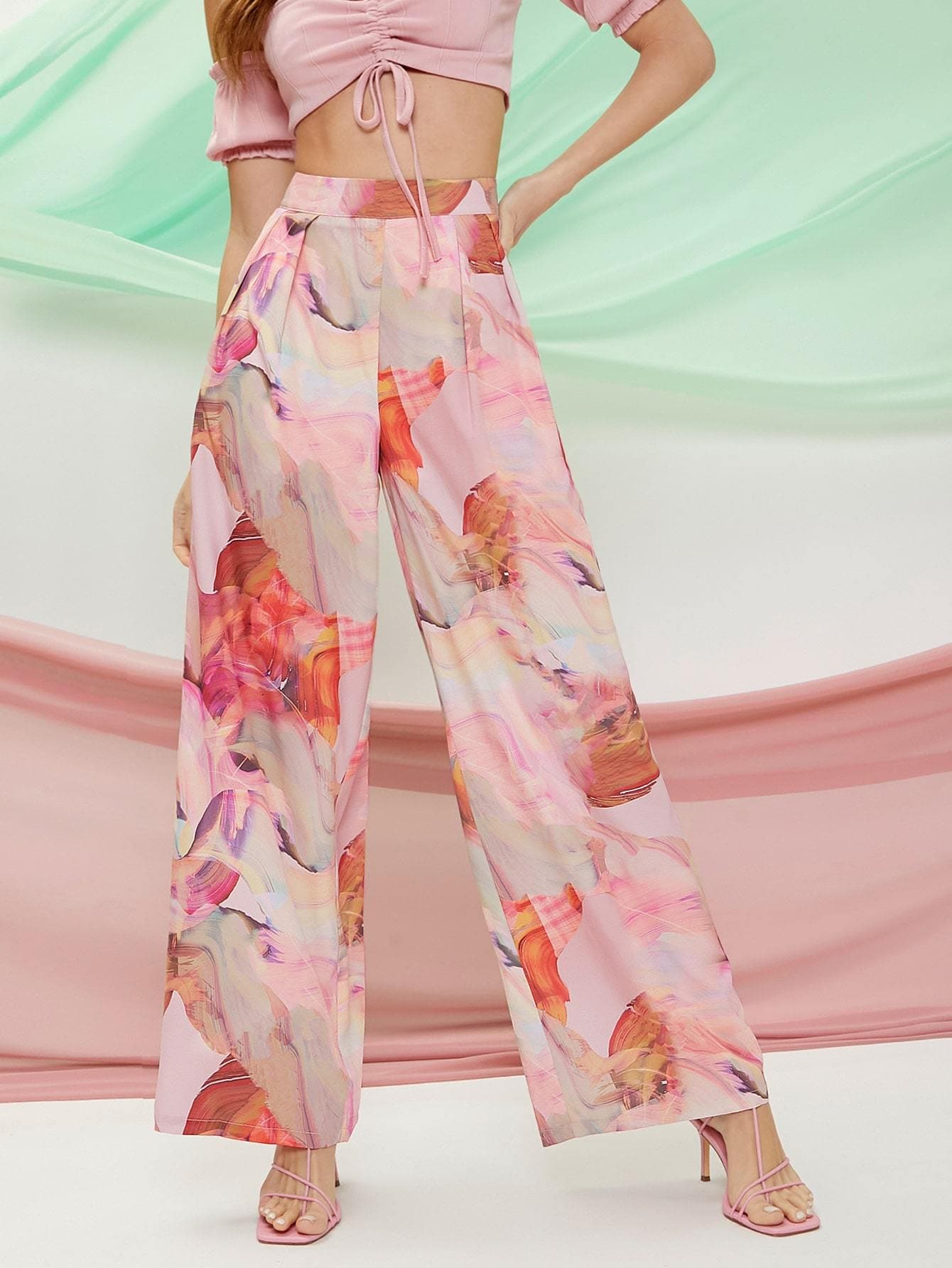 Satin Marble Tie-Dye Wash High Waist Flare Pants