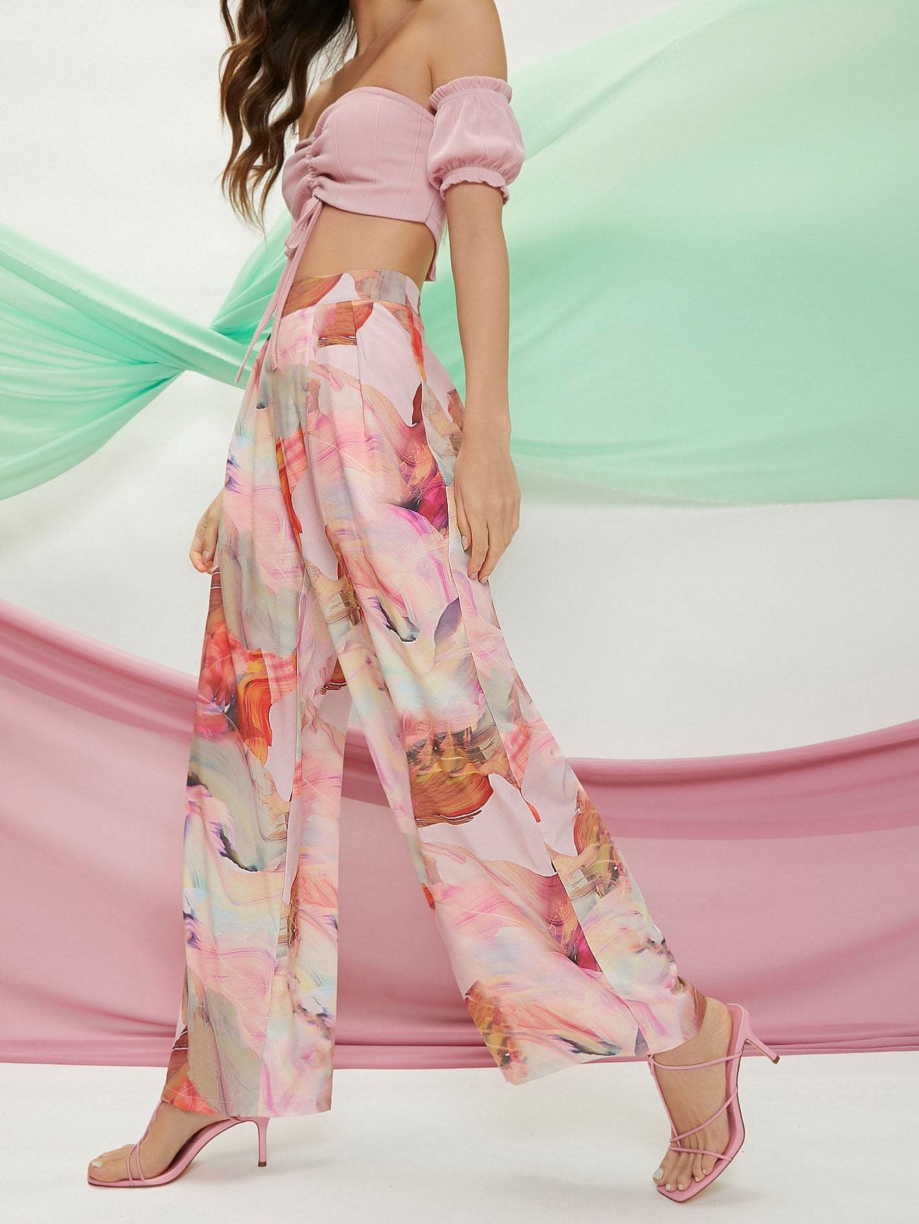 Satin Marble Tie-Dye Wash High Waist Flare Pants