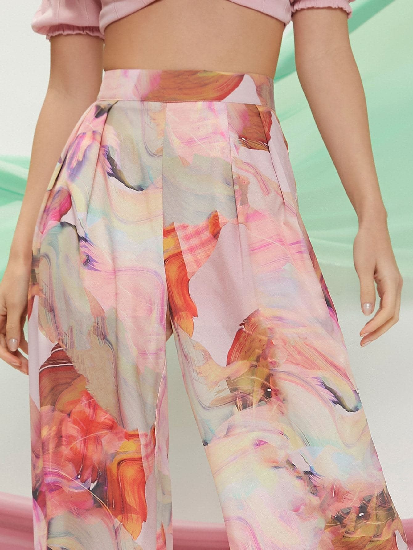 Satin Marble Tie-Dye Wash High Waist Flare Pants