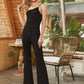 Spaghetti Strap Sleeveless Flare Leg Solid Cami Jumpsuit