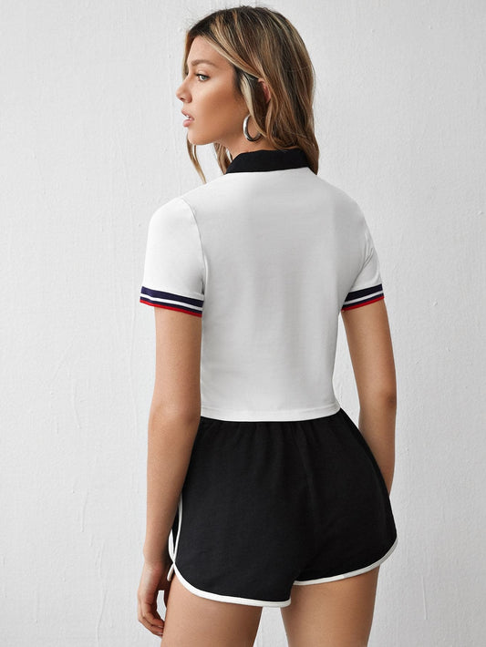 Sporty Collared Zip Half Placket Striped Cuff Patched Detail Top T-Shirt