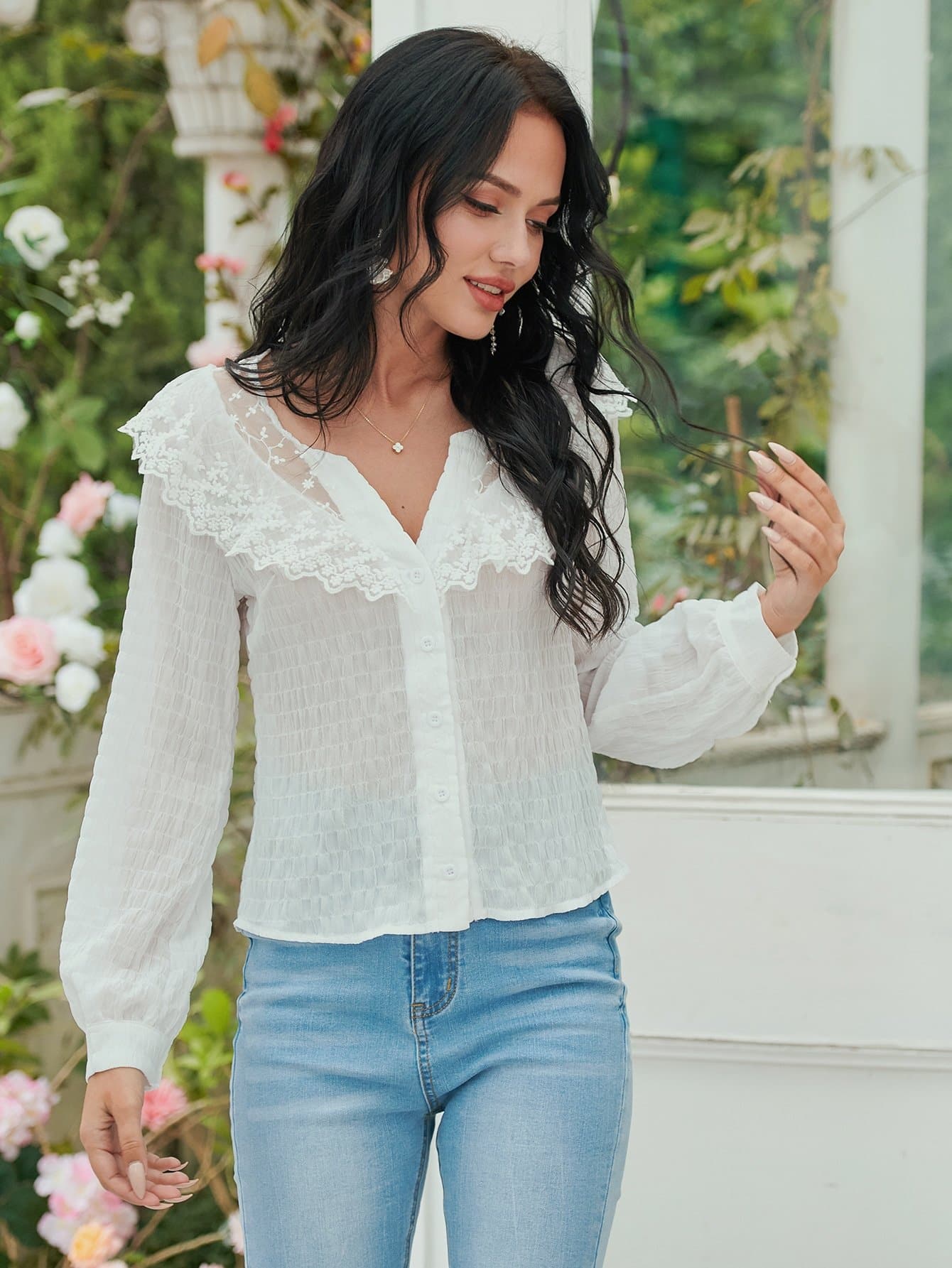 Notched Lace Panel Button Front Boho Top