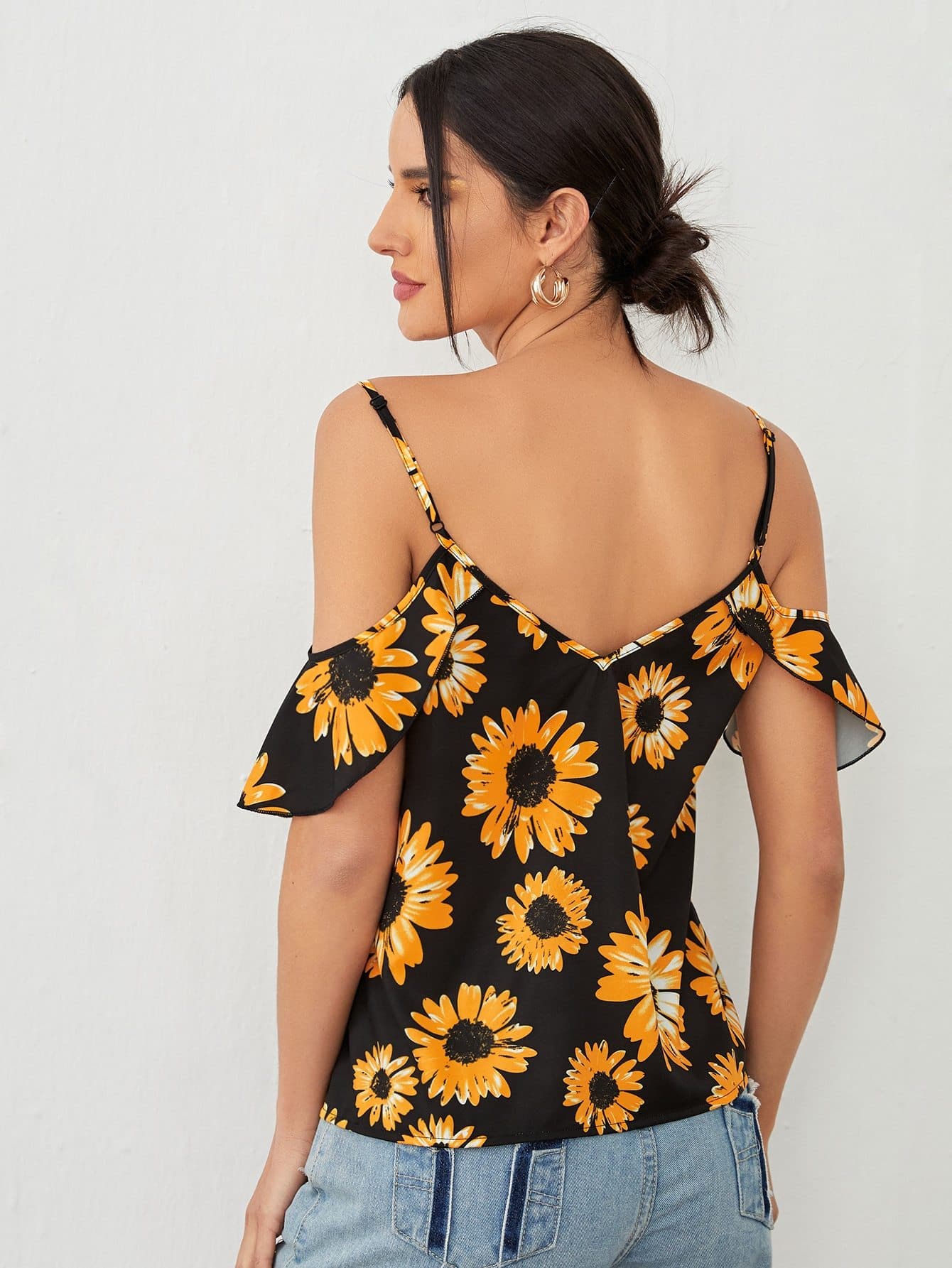 Cold Shoulder Flounce Sleeve Sunflower Print Top