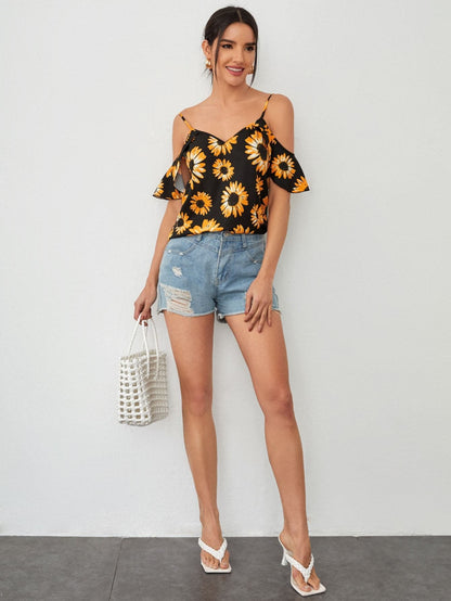 Cold Shoulder Flounce Sleeve Sunflower Print Top