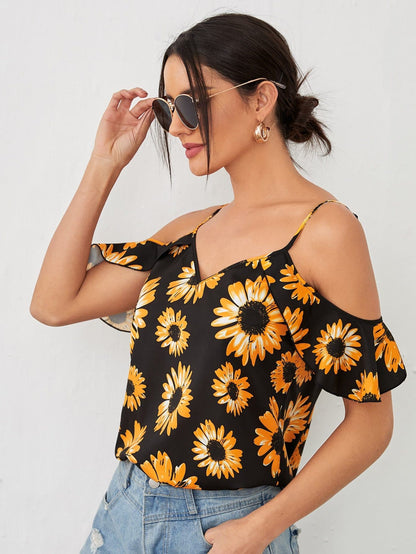 Cold Shoulder Flounce Sleeve Sunflower Print Top