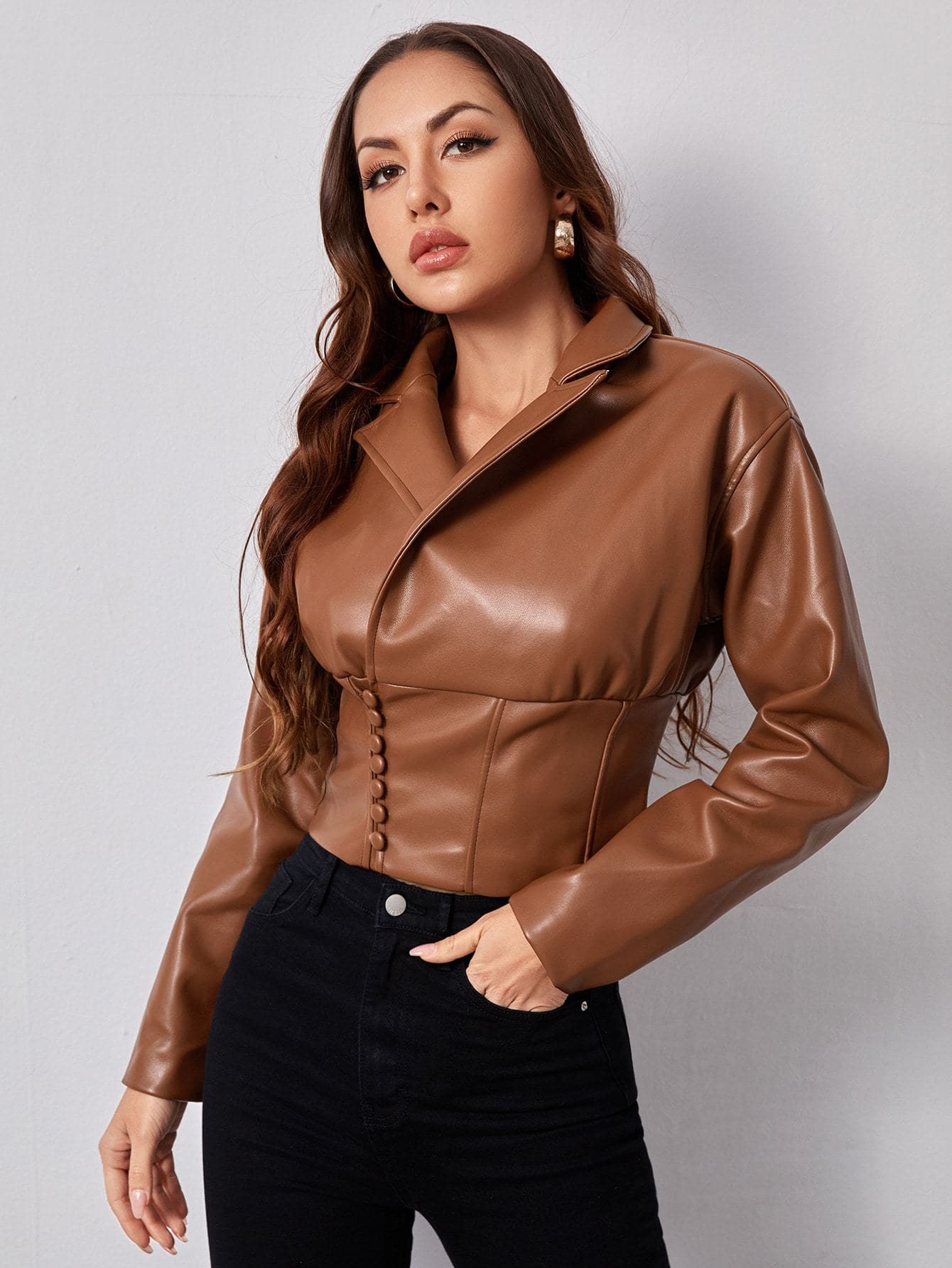 Single Breasted Peak Collar Covered Button Front PU Leather Jacket
