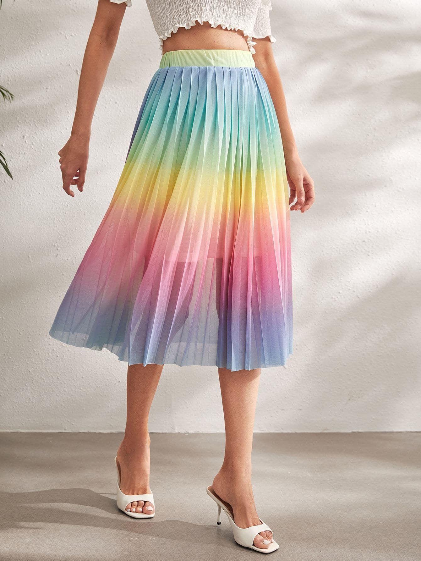 High Elastic Waist Ombre Pleated Mesh Skirt