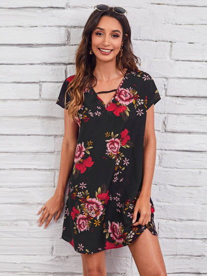 Batwing Cap Sleeve Keyhole Neck Floral Print Dress