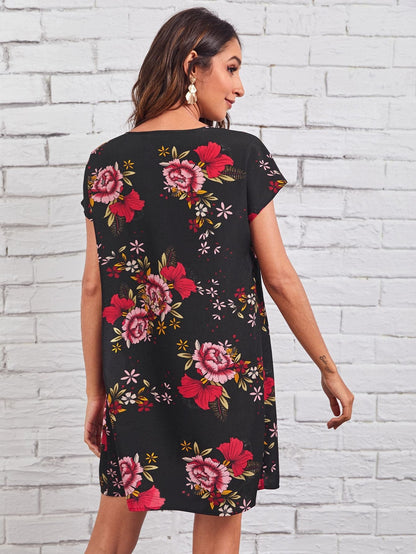 Batwing Cap Sleeve Keyhole Neck Floral Print Dress