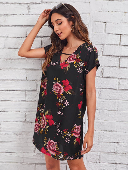 Batwing Cap Sleeve Keyhole Neck Floral Print Dress