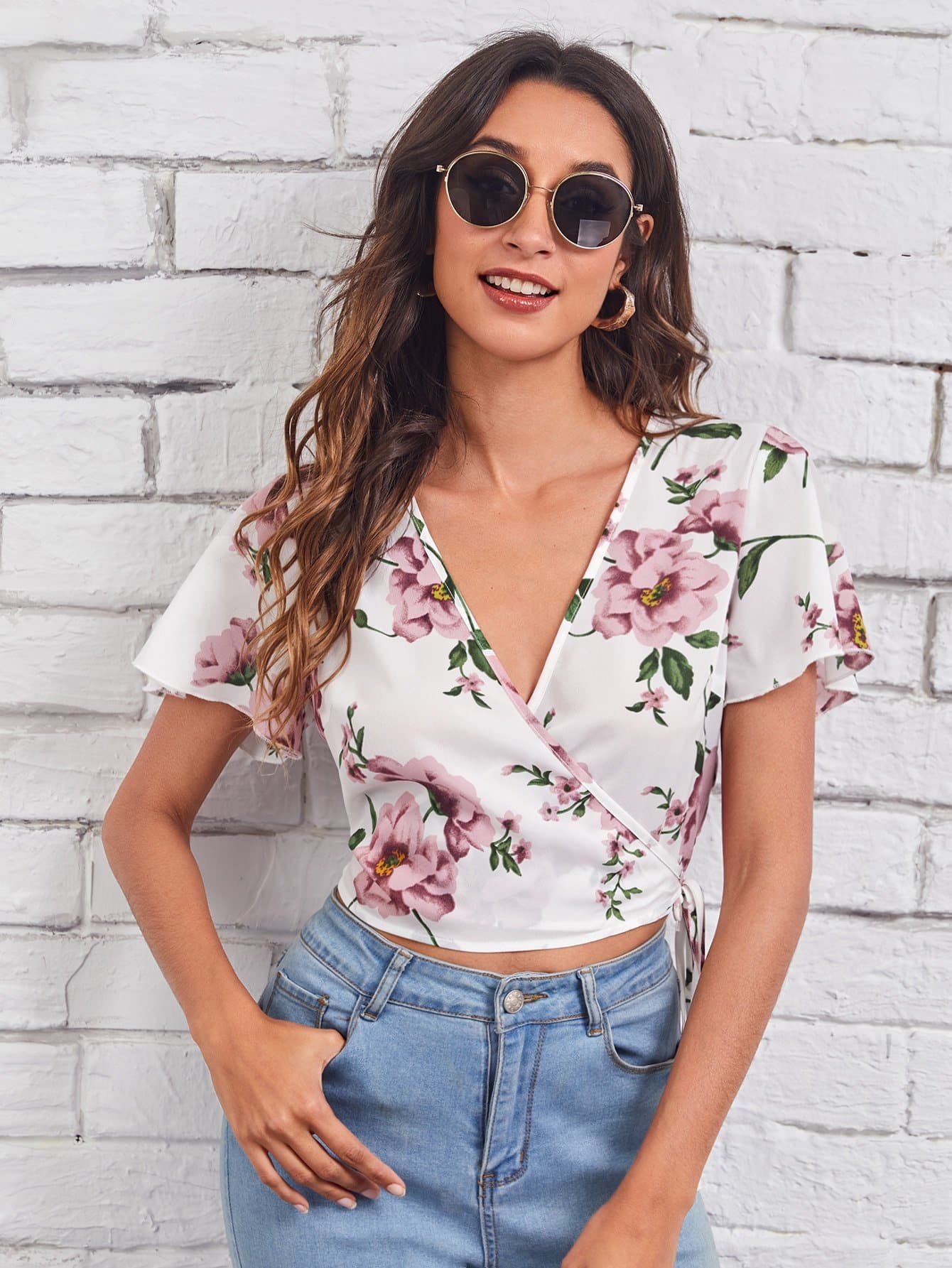 V-Neck Butterfly Sleeve Wrap Belted Floral Crop Top