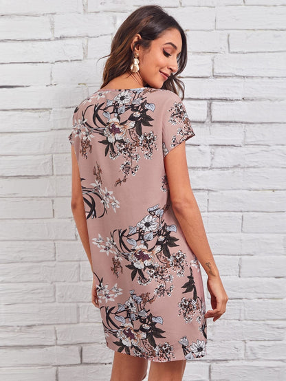 Batwing Cap Sleeve Keyhole Neck Floral Dress