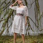 White Square Neck Lantern Sleeve Lace Dress Without Belt