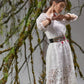 White Square Neck Lantern Sleeve Lace Dress Without Belt