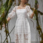 White Square Neck Lantern Sleeve Lace Dress Without Belt