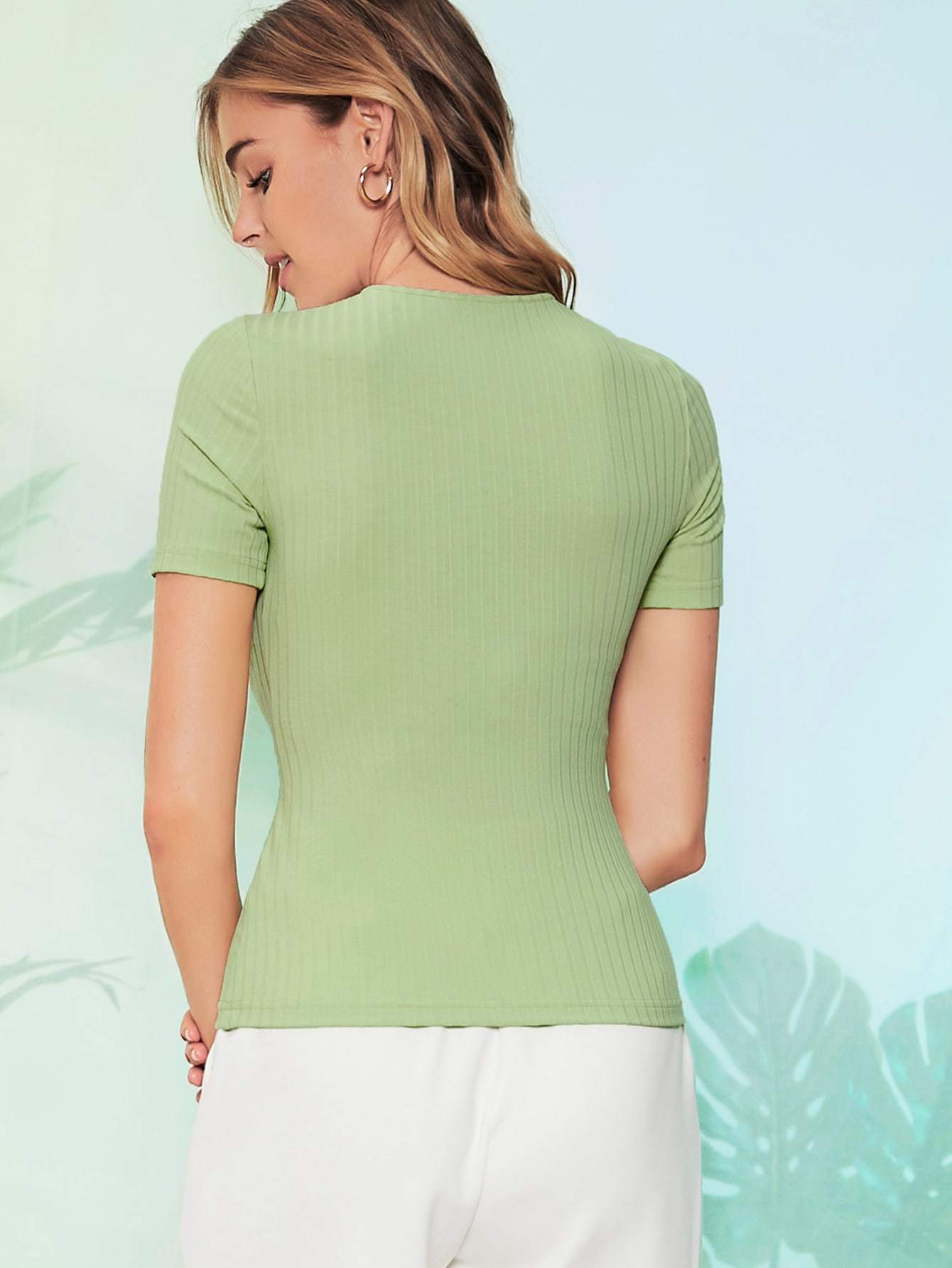 Short Sleeve O-ring Cut Out Front Rib-knit Slim Fit Top