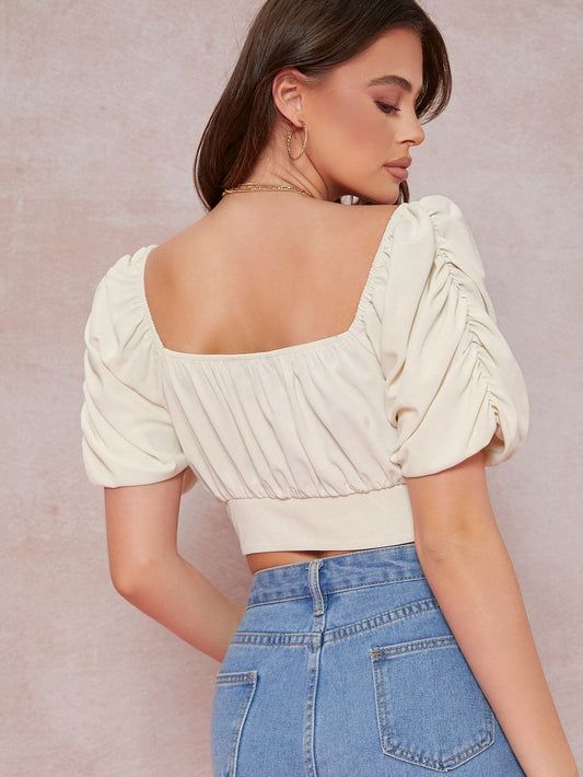 Sweetheart Neck Ruched Bodice Self-Tie Crop Top
