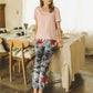 Round Neck Solid Top With Floral Print Trousers Pyjama Sleepwear Set