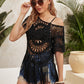 Black Scoop Neck Fringe Trim Sheer Cover Up