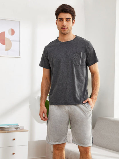 Green Round Neck Pocket Front Tee With Shorts Pyjama Sleepwear Set