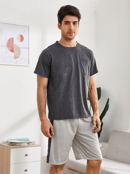 Green Round Neck Pocket Front Tee With Shorts Pyjama Sleepwear Set