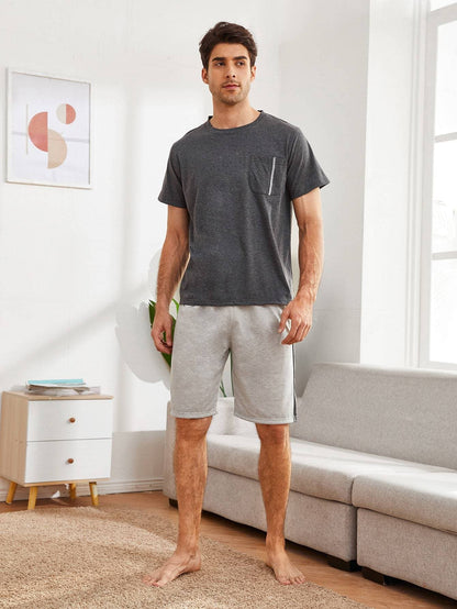 Green Round Neck Pocket Front Tee With Shorts Pyjama Sleepwear Set