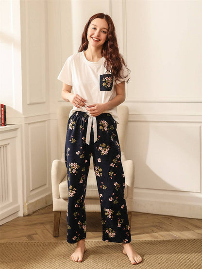 2Round Neck Floral Print Patch Pocket Knotted Pyjama Sleepwear Set