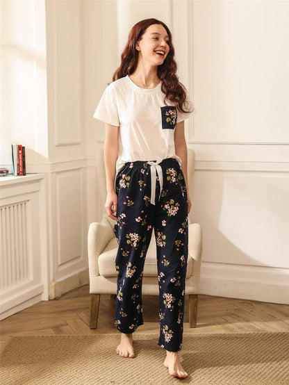 Round Neck Floral Print Patch Pocket Knotted Pyjama Sleepwear Set