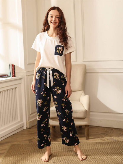 Round Neck Floral Print Patch Pocket Knotted Pyjama Sleepwear Set